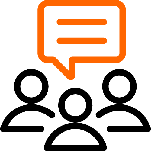 Three people and a message bubble icon
