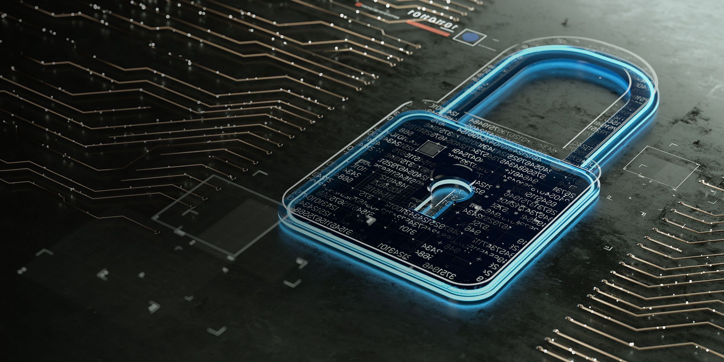 A digital padlock with circuit board design on a metallic surface with electronic traces