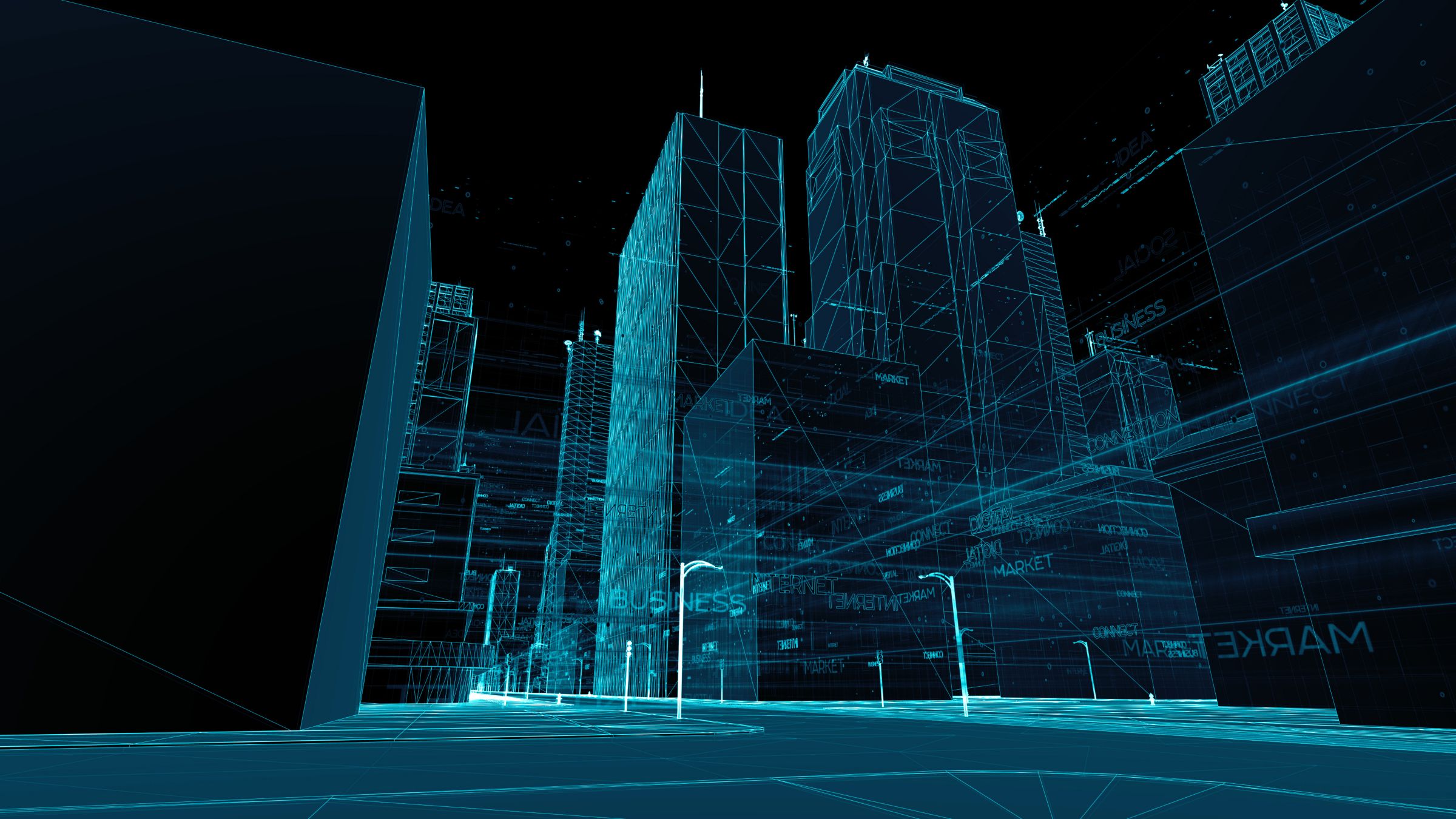 Wireframe rendering of a cityscape with skyscrapers at night