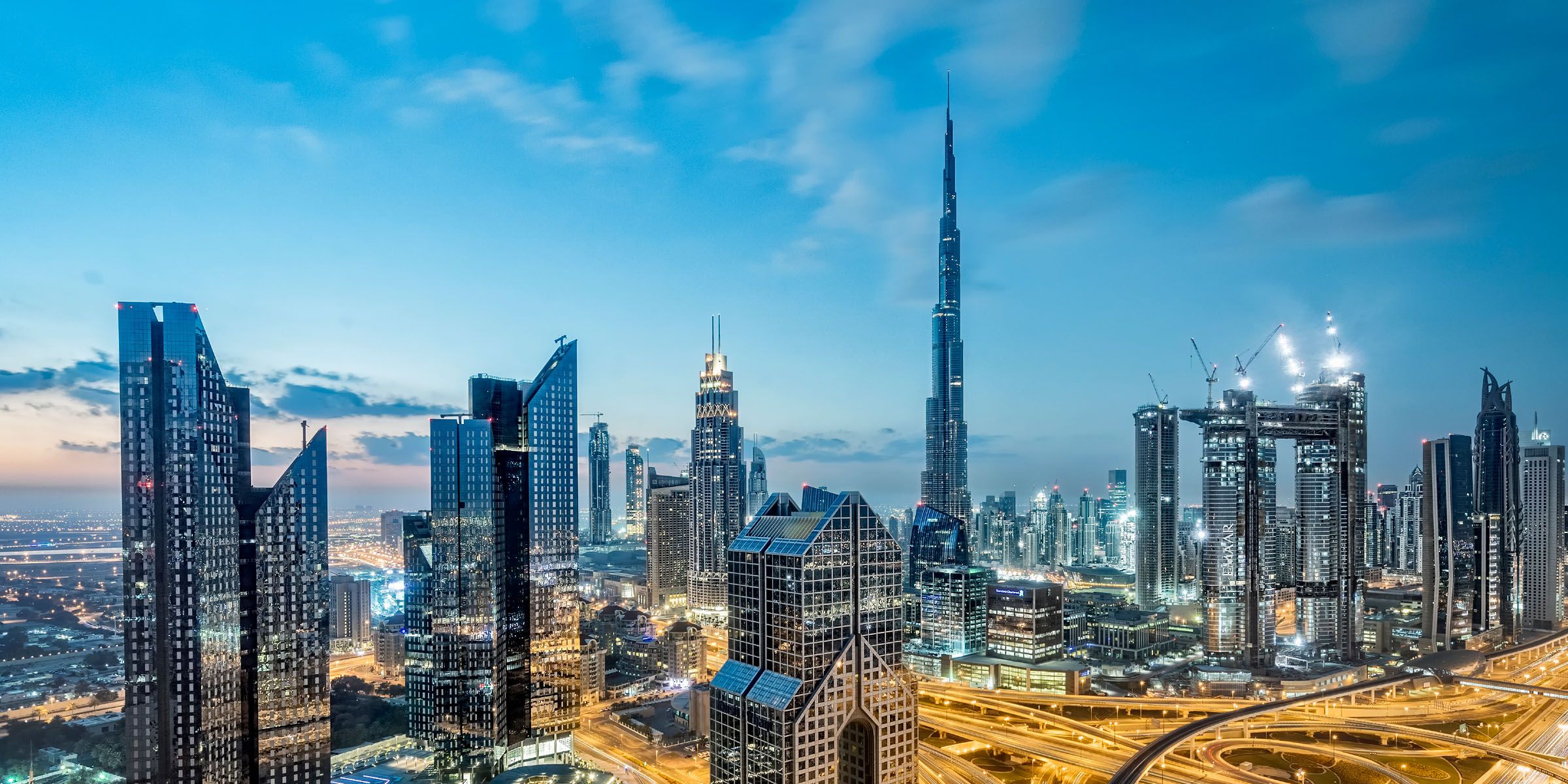 City skyline with tall buildings