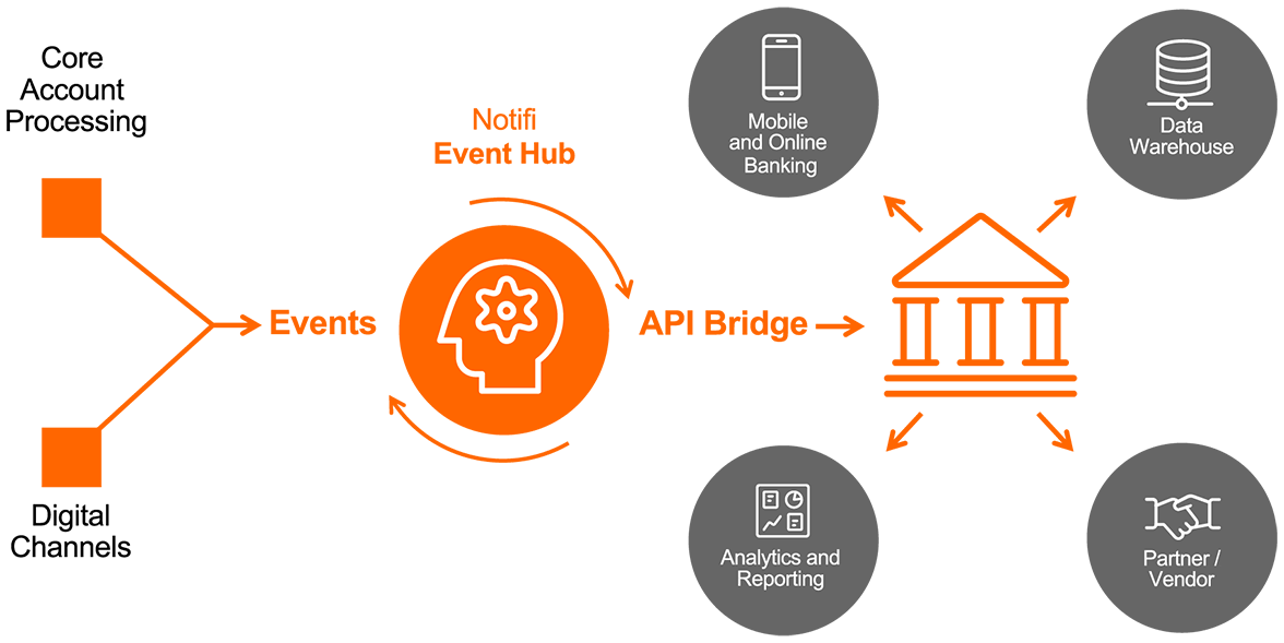 Flow chart showing data flowing from digital channels to API bridge to data warehouse