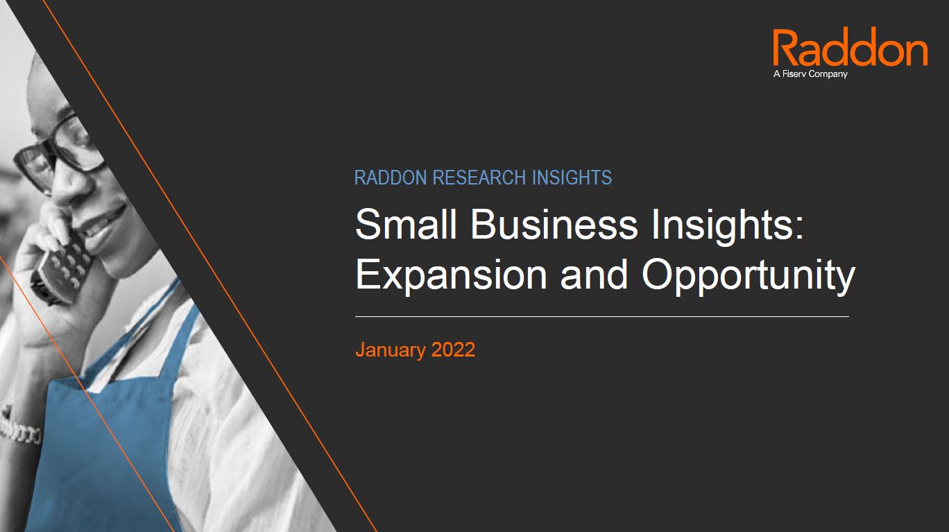 Small Business Insights: Expansion and Opportunity; with image of female-presenting person with glasses on a call with Raddon logo in the top right
