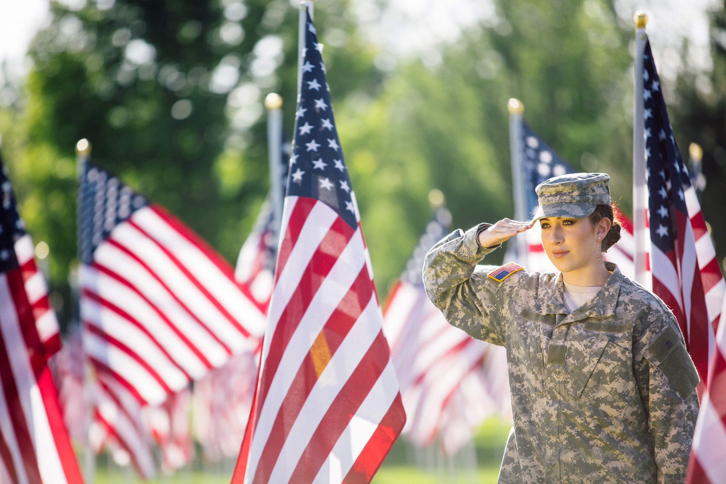 U.S. flags and soldier saluting