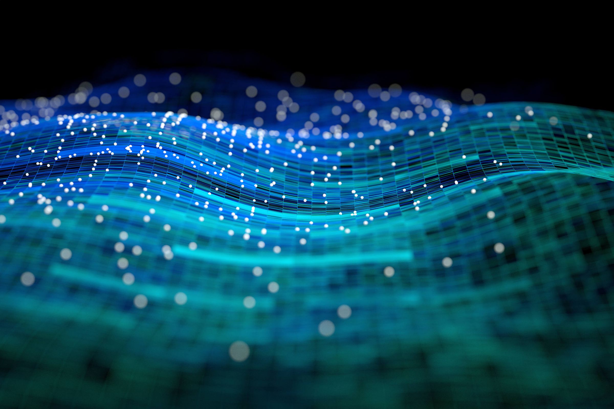 abstract of wavy blue-green lines on black background