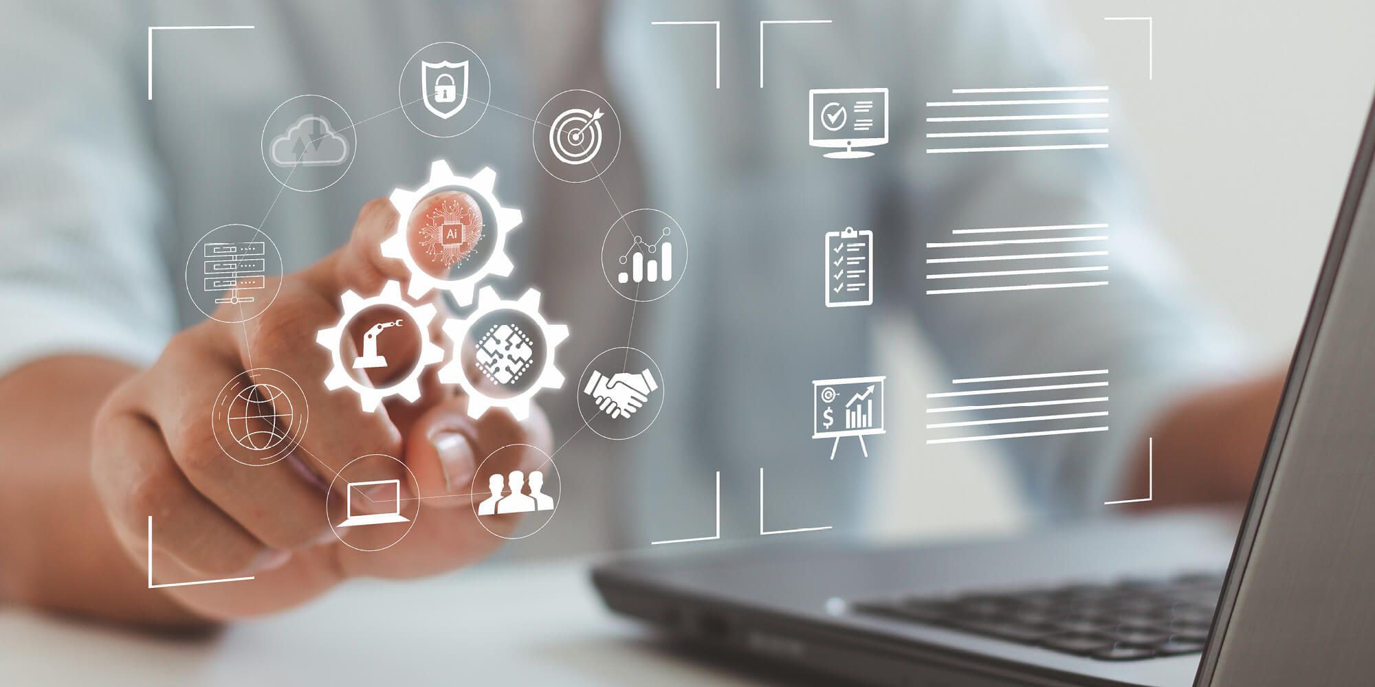man working on computer laptop with conceptual virtual screen