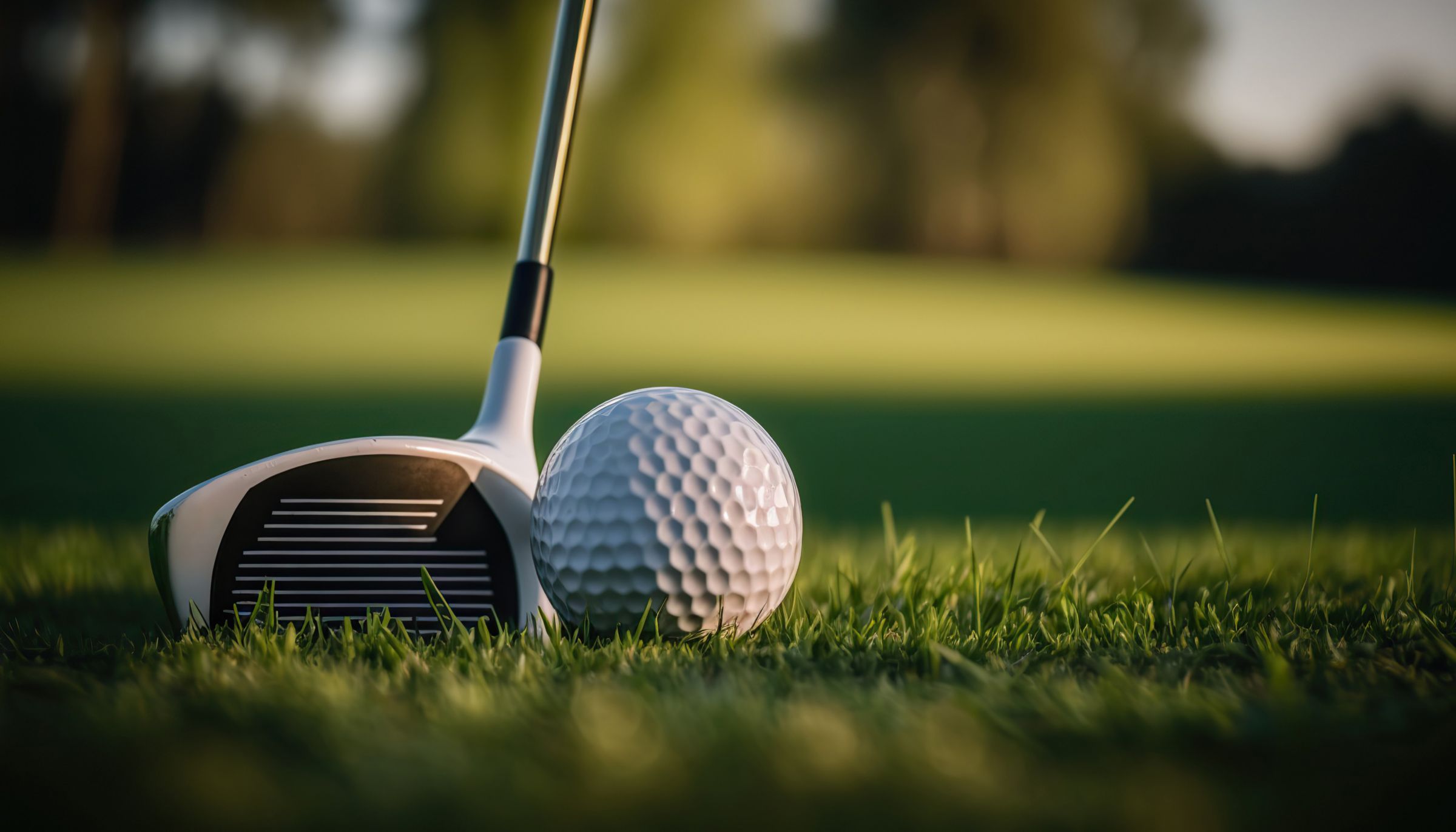 Close-up of a golf club and a golf ball in a field