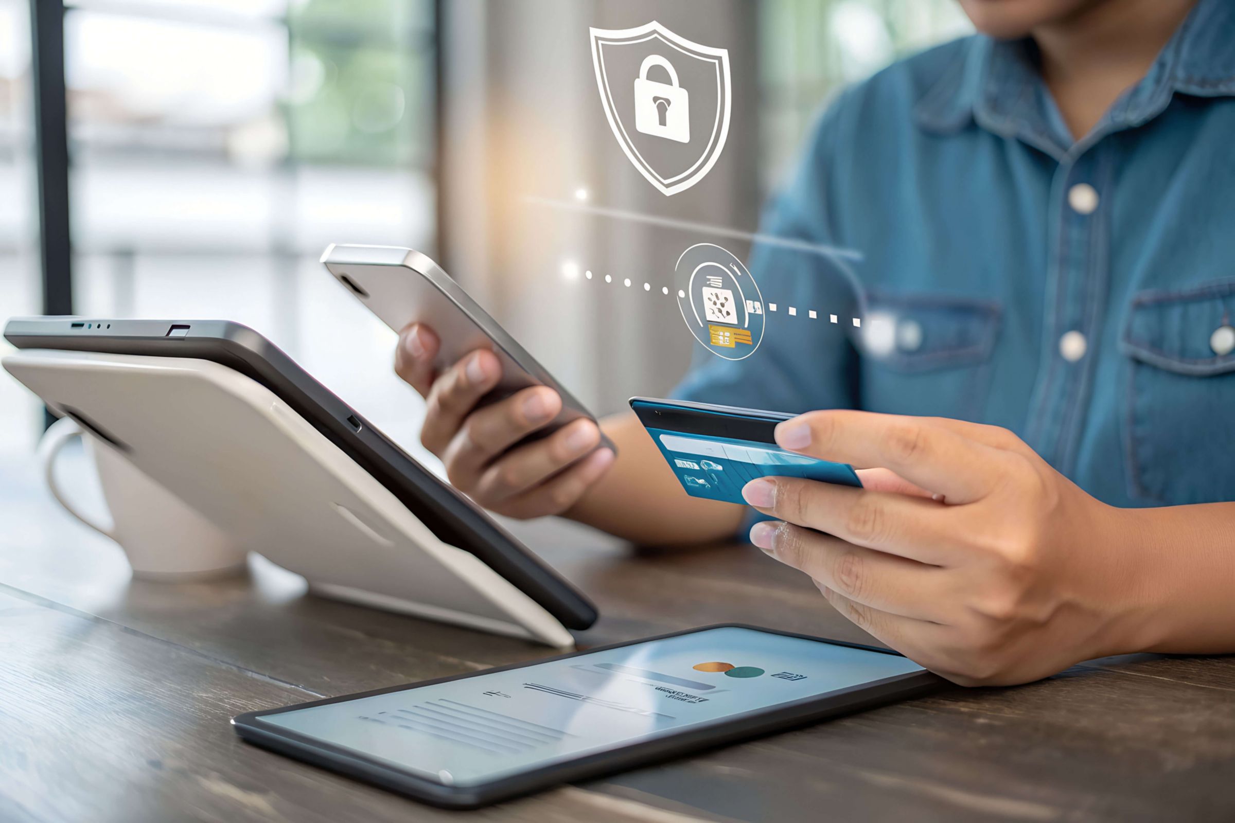 A close-up of hands completing a secure online transaction