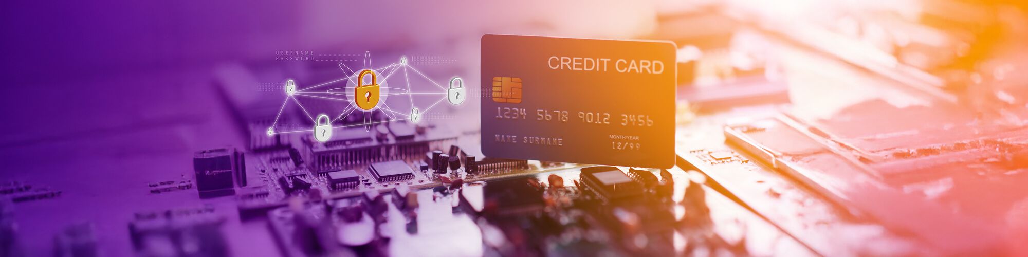 abstract of credit card sitting on motherboard with digital image of lock