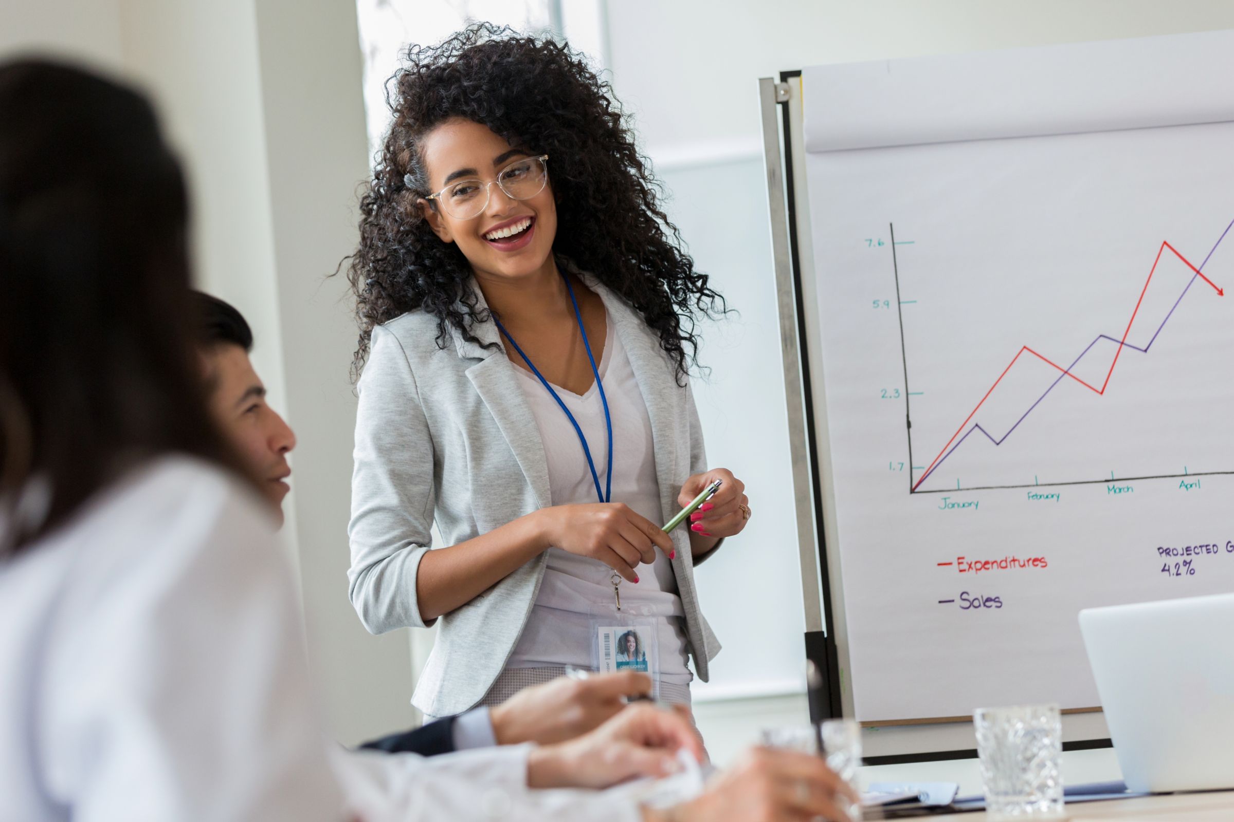 a woman standing in front of a whiteboard