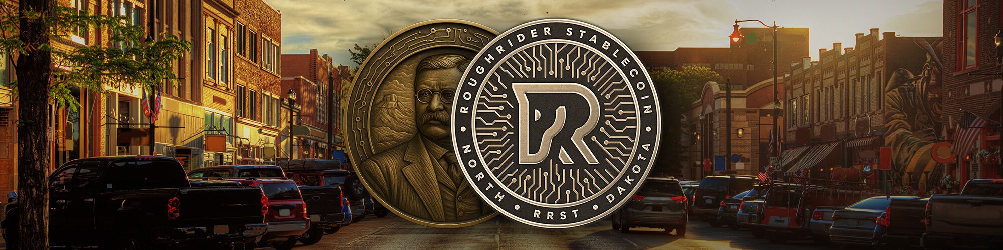 blue sparkly background with roughrider coin logo