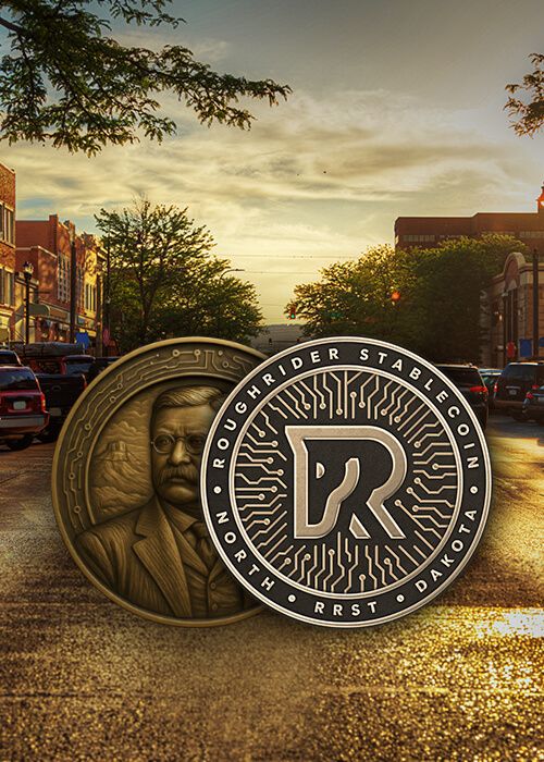 blue sparkly background with roughrider coin logo