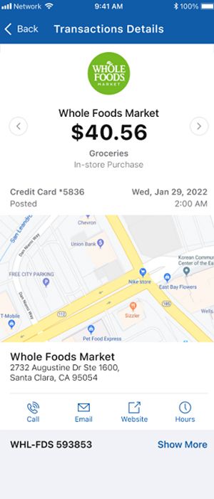 Screenshot of a transaction detail showing some dollar purchase at Whole Foods Market with map location
