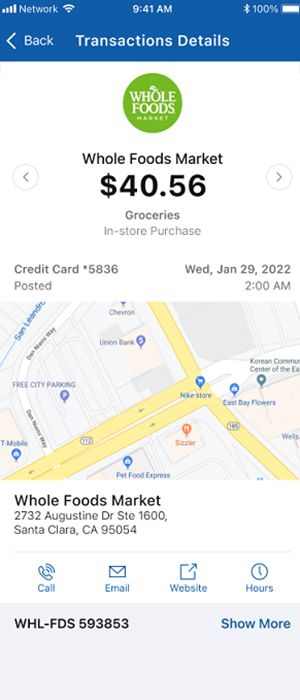 Screenshot of a transaction detail showing some dollar purchase at Whole Foods Market with map location
